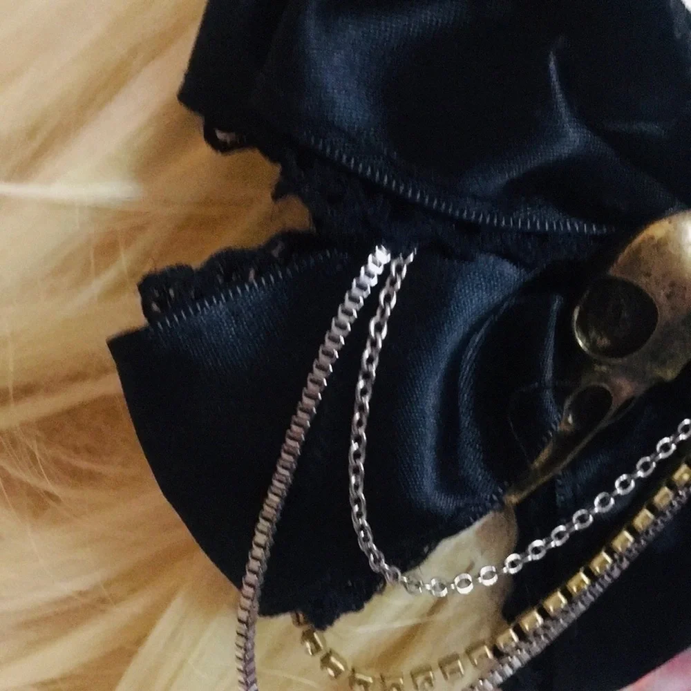 Black Satin  Gothic Hair Bow Barrett with Skull Accent